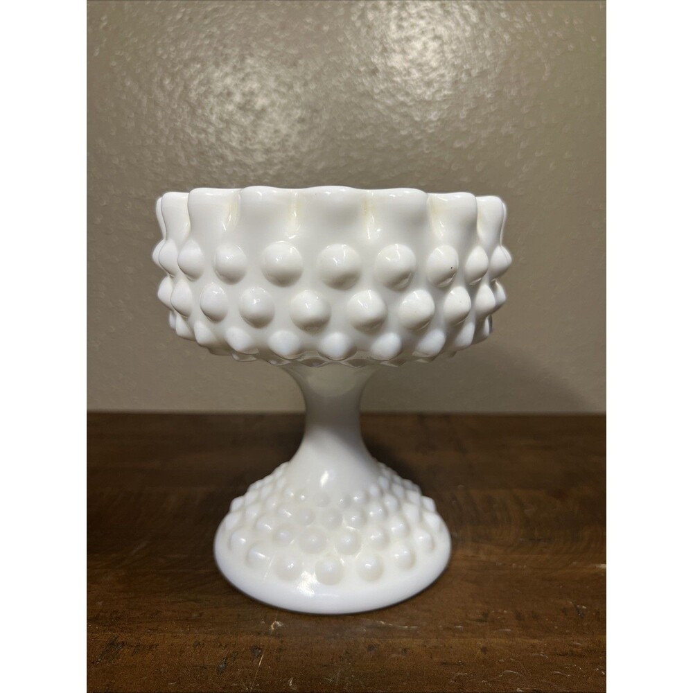 Vintage Fenton Milk Glass Hobnail Covered Pedestal Candy Dish Compote
